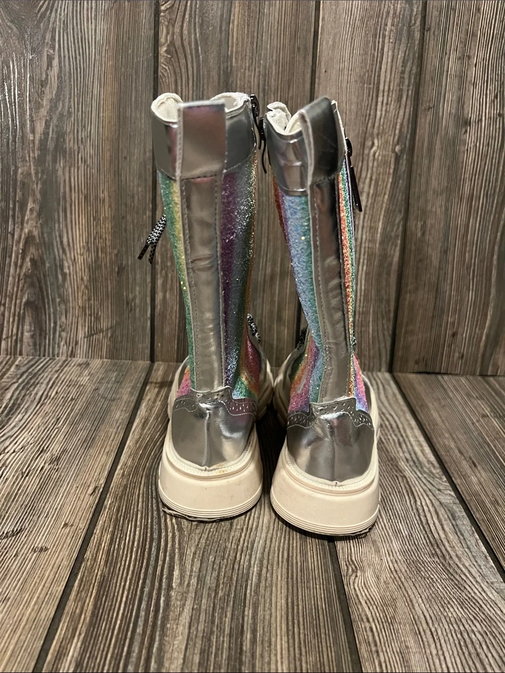 Source Unknown Silver Combat Boots with Rainbow Glitter Panel